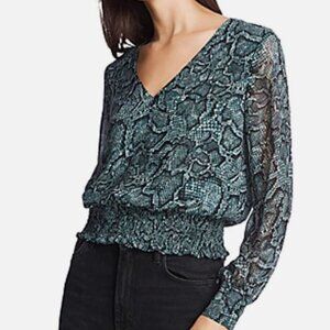 1. State Women's Chiffon Smocked Waist V-Neck Blouse Green Snake Print - Size L